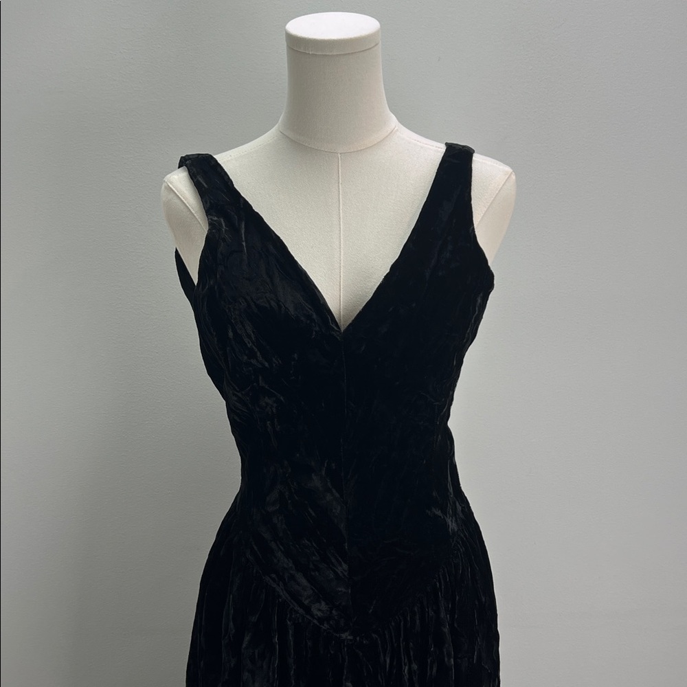 Vintage Betsey Johnson Punk Label 80s Black Velvet Midi Dress Basque Waist - Picture 4 of 10